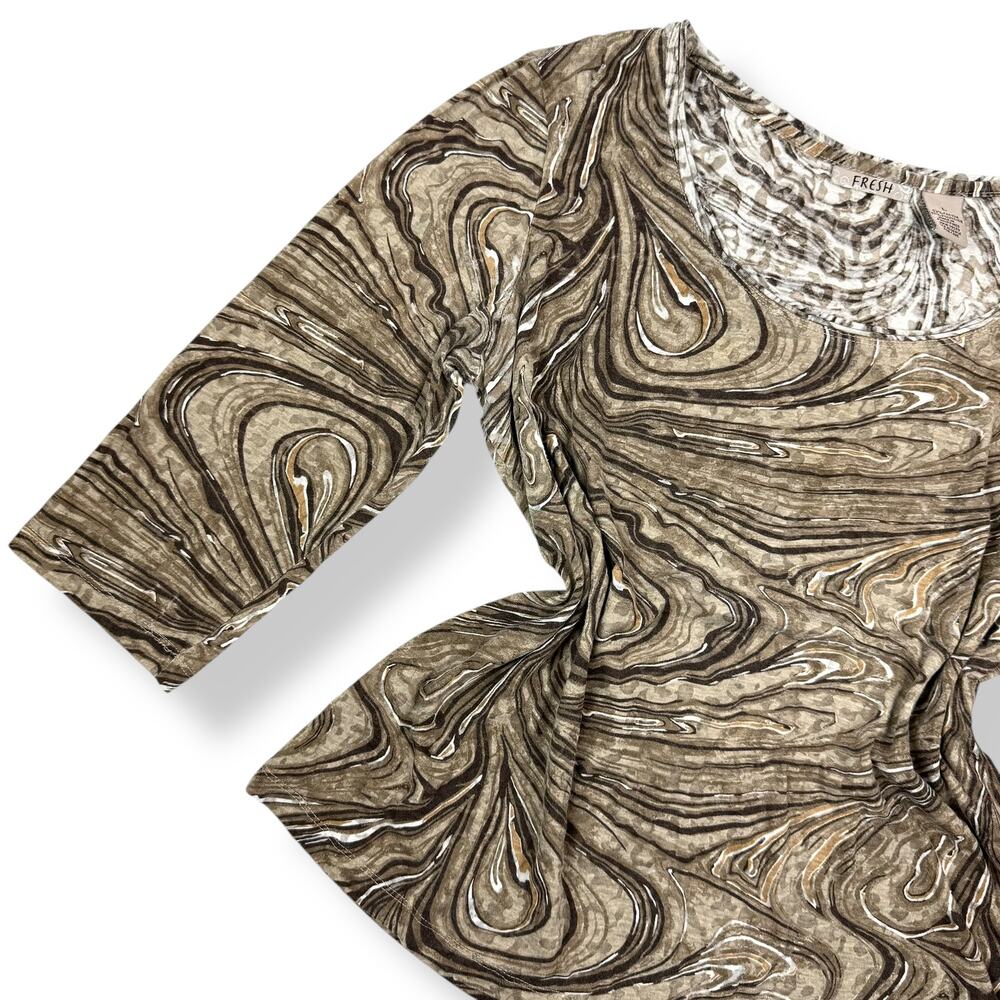 90's tan trippy swirl camo cotton blend scoop neck semi sheer blouse by FRESH - Picture 2 of 16